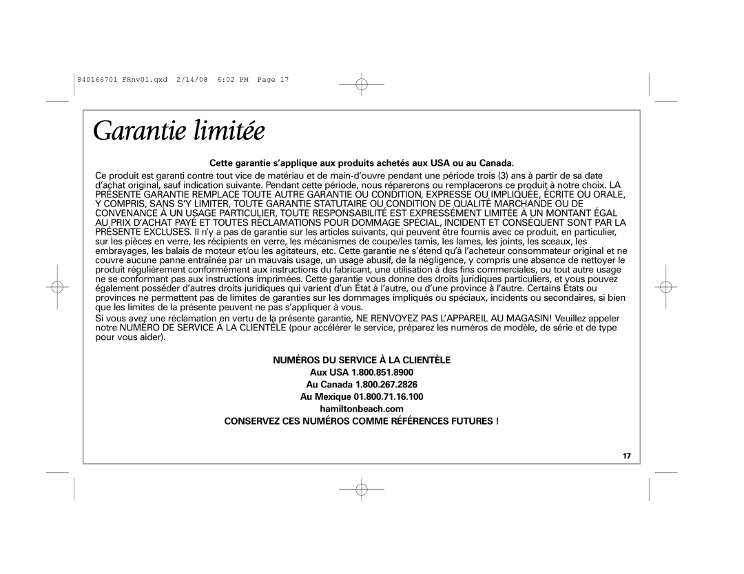 Hamilton Beach 59205C manual Garantie limitée, Cette garantie s’applique aux produits achetés aux USA ou au Canada 
