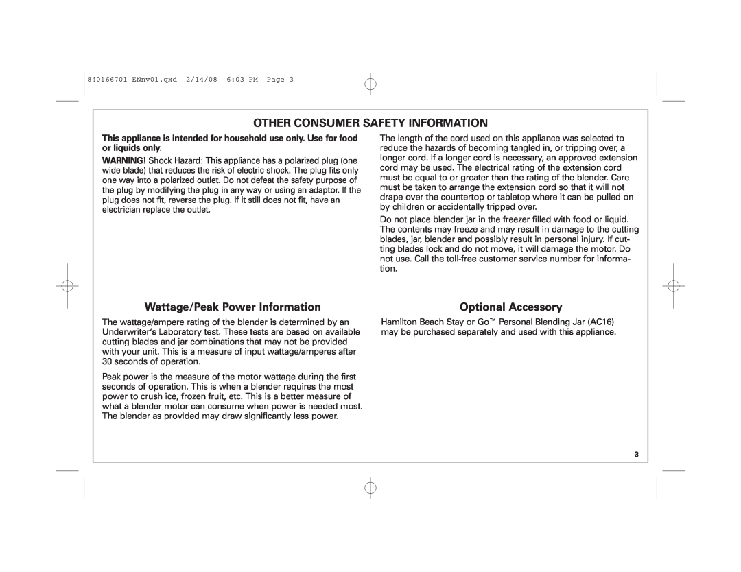 Hamilton Beach 59205C manual Other Consumer Safety Information, Wattage/Peak Power Information, Optional Accessory 
