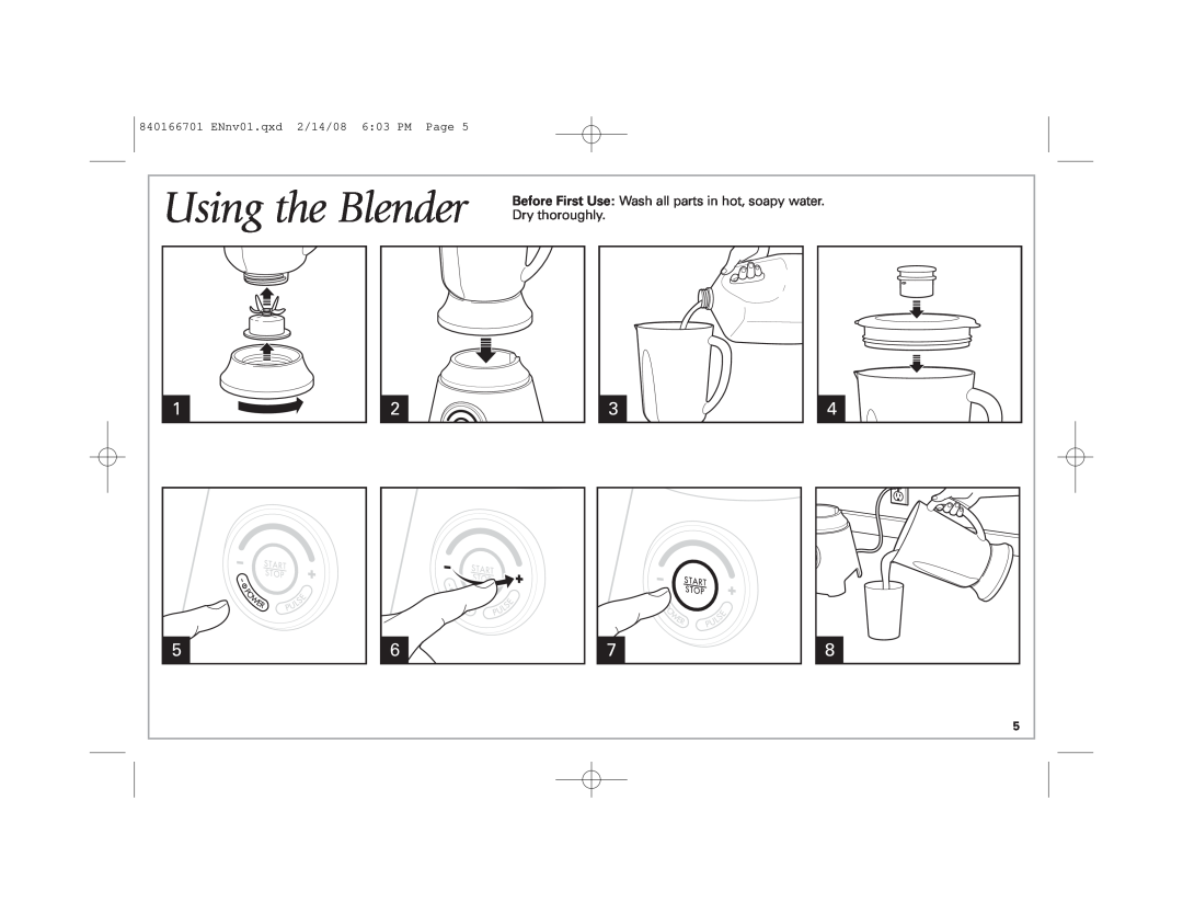 Hamilton Beach 59205C manual Using the Blender, Dry thoroughly, ENnv01.qxd 2/14/08 603 PM Page 