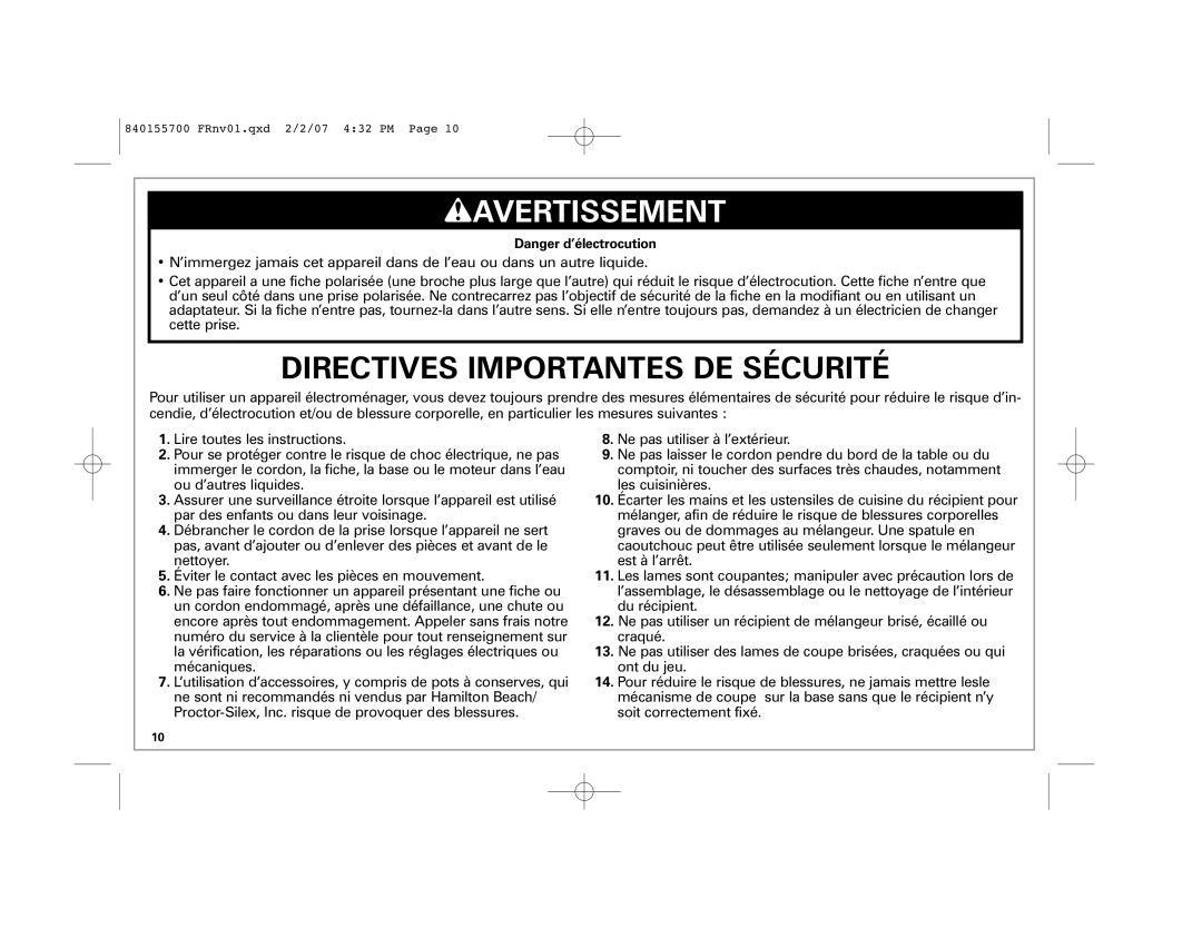 Hamilton Beach 59207 B42, 59205 B42 manual Wavertissement, Directives Importantes DE Sécurité 