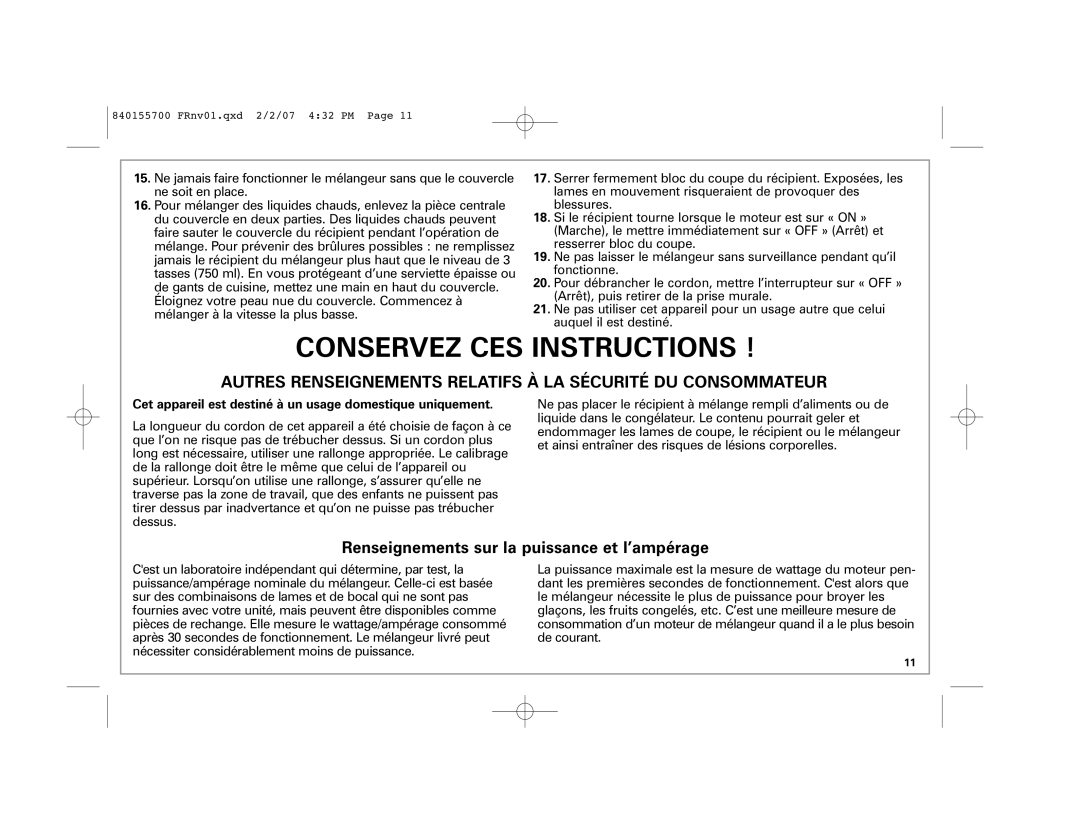 Hamilton Beach 59205 B42, 59207 B42 Conservez CES Instructions, Cet appareil est destiné à un usage domestique uniquement 