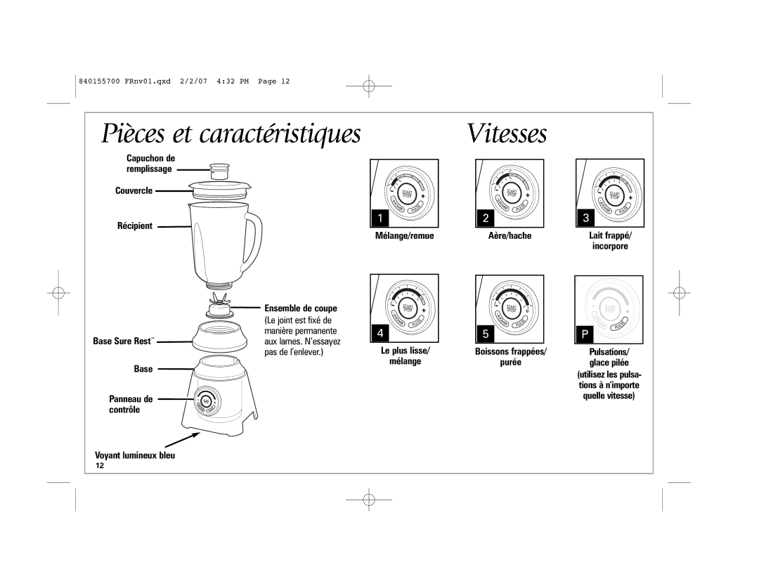 Hamilton Beach 59207 B42, 59205 B42 manual Pièces et caractéristiques, Vitesses, Le joint est fixé de 
