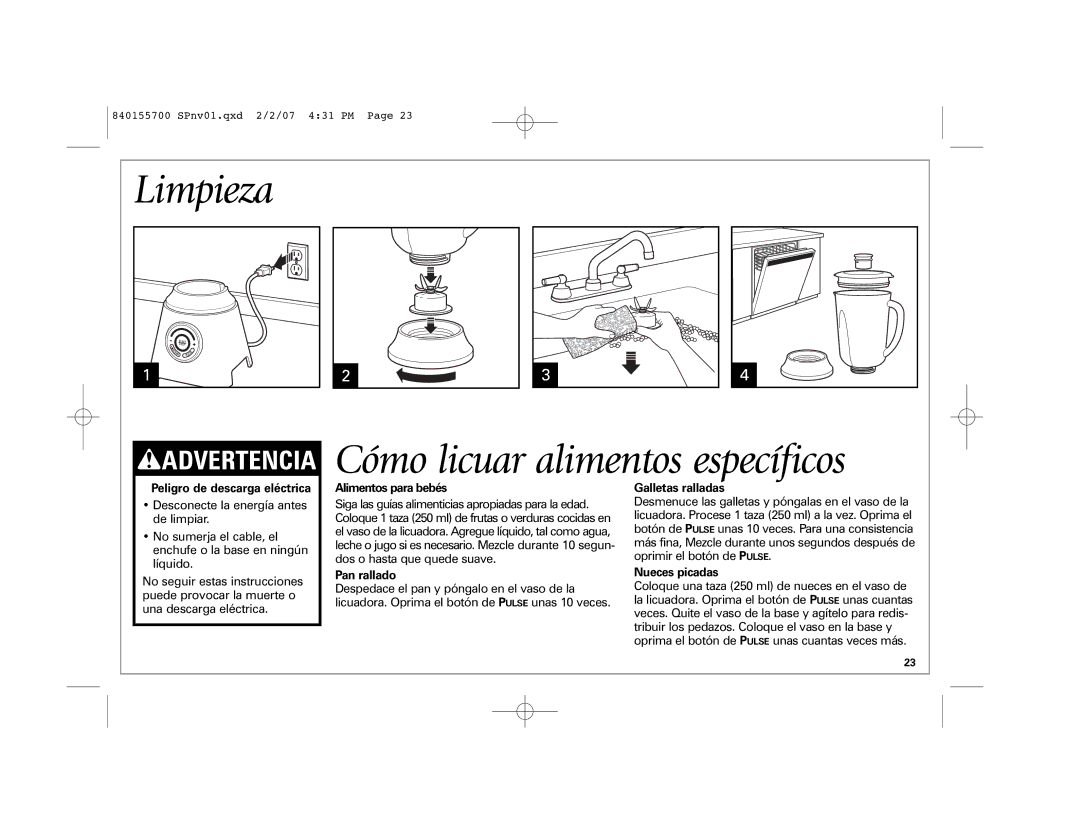 Hamilton Beach 59205 B42, 59207 B42 manual Limpieza, Cómo licuar alimentos específicos 