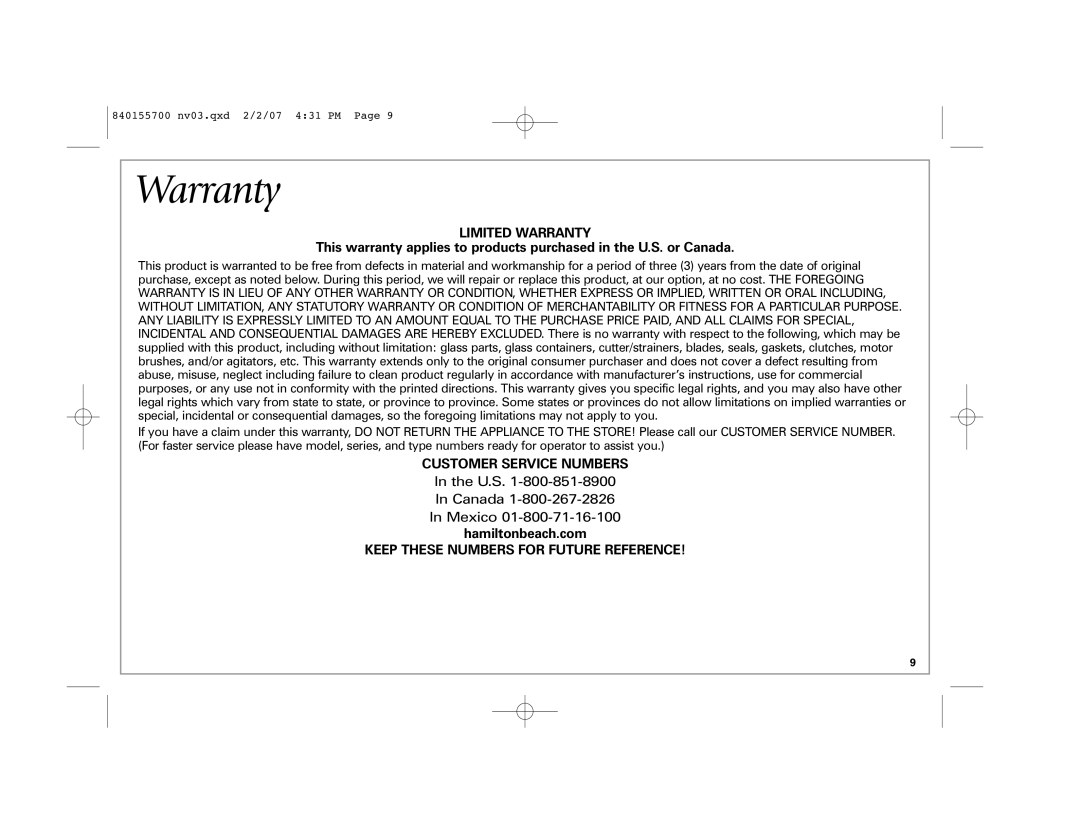 Hamilton Beach 59205 B42, 59207 B42 manual Limited Warranty 