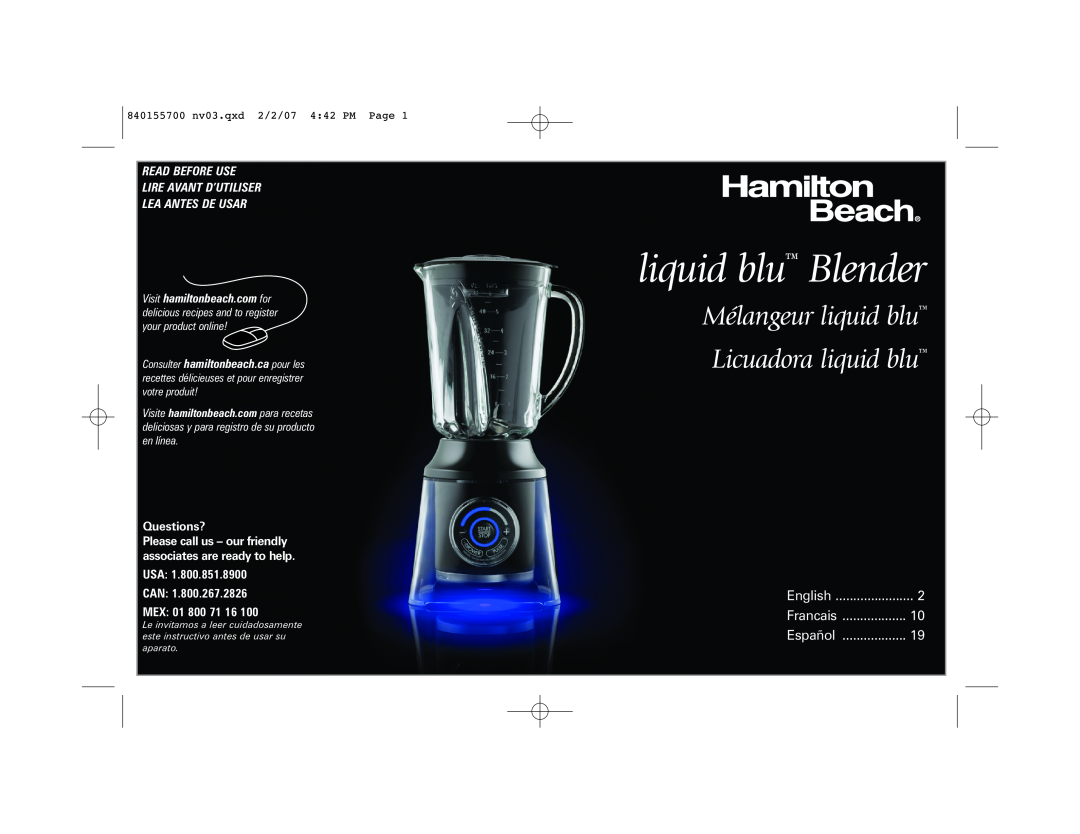 Hamilton Beach 59205 B42 manual liquid blu Blender, Mélangeur liquid blu Licuadora liquid blu, Questions?, USA CAN MEX 01 