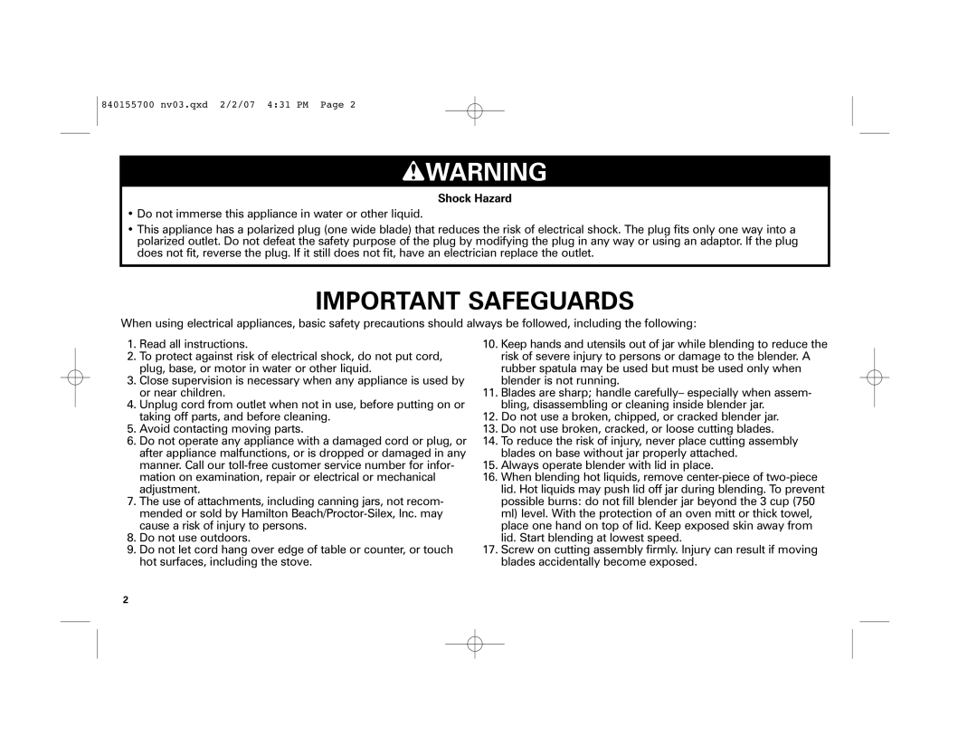 Hamilton Beach 59207 B42, 59205 B42 manual wWARNING, Important Safeguards 