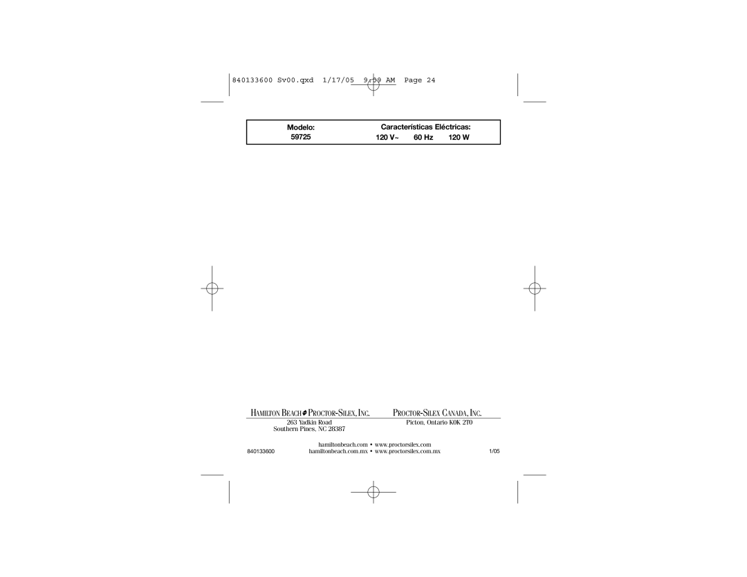 Hamilton Beach manual Modelo Características Eléctricas 59725 120 V~ 60 Hz 120 W 