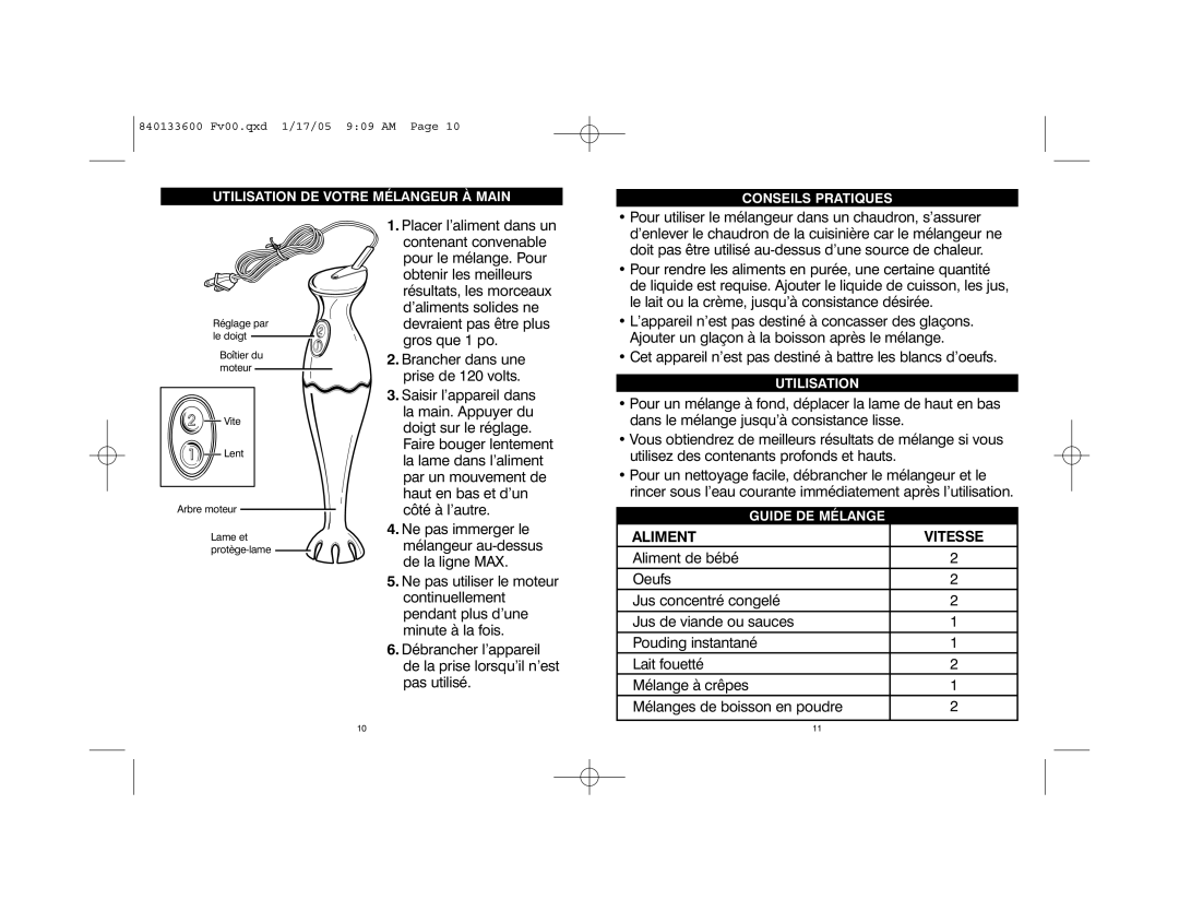 Hamilton Beach 59725 manual Aliment Vitesse 