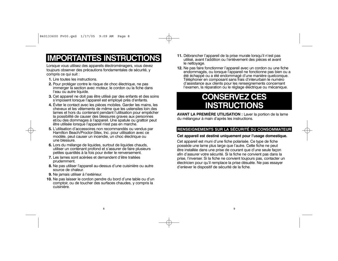 Hamilton Beach 59725 Importantes Instructions, Conservez Ces Instructions, Renseignements Sur La Sécurité Du Consommateur 