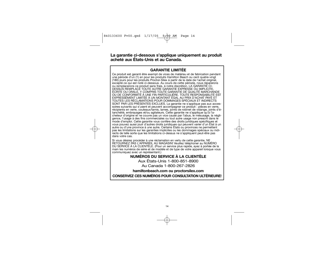 Hamilton Beach 59725 manual Aux États-Unis Au Canada, Garantie Limitée, Numéros Du Service À La Clientèle 