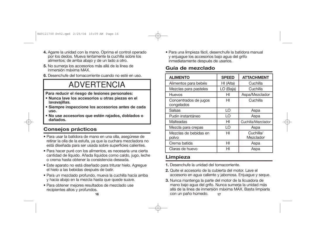 Hamilton Beach 59780 manual Wadvertencia, Consejos prácticos, Guía de mezclado, Limpieza, Alimento Speed Attachment 