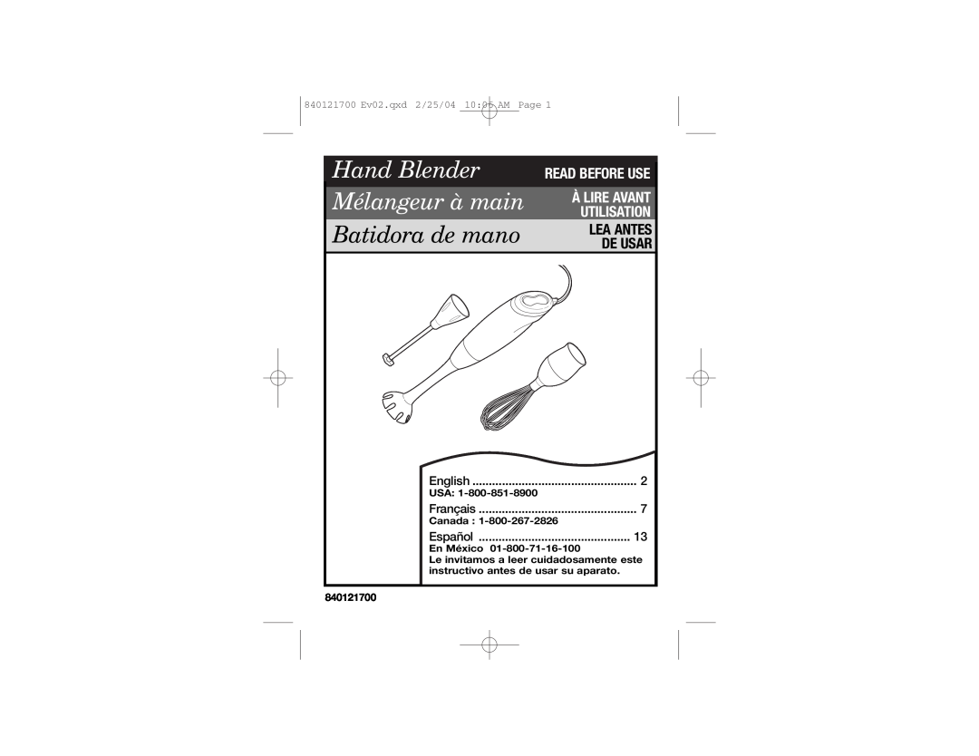 Hamilton Beach 59780 manual Read Before Use, Hand Blender Mélangeur à main, Batidora de mano, Lea Antes De Usar, 840121700 