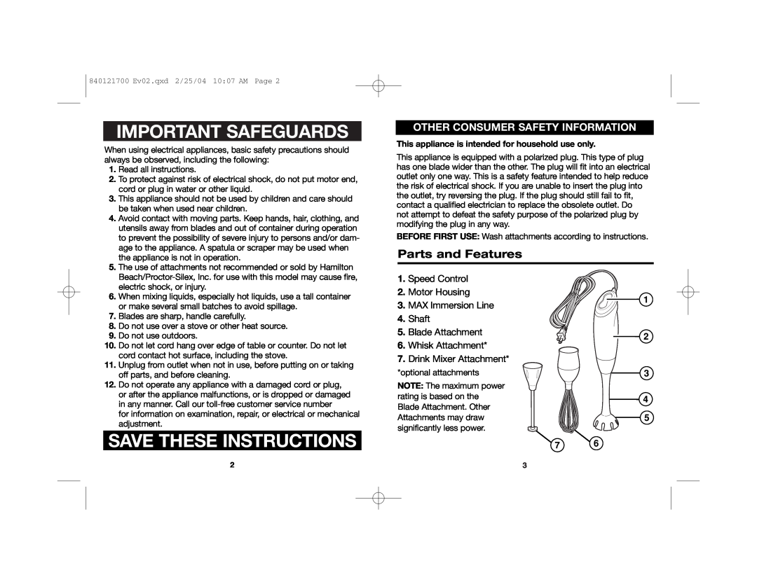Hamilton Beach 59780 Important Safeguards, Save These Instructions, Parts and Features, Other Consumer Safety Information 
