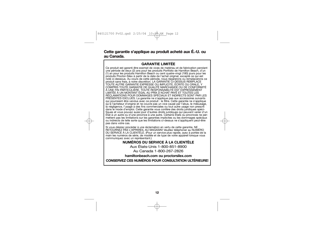 Hamilton Beach 59780 manual Aux États-Unis Au Canada, Garantie Limitée, Numéros Du Service À La Clientèle 