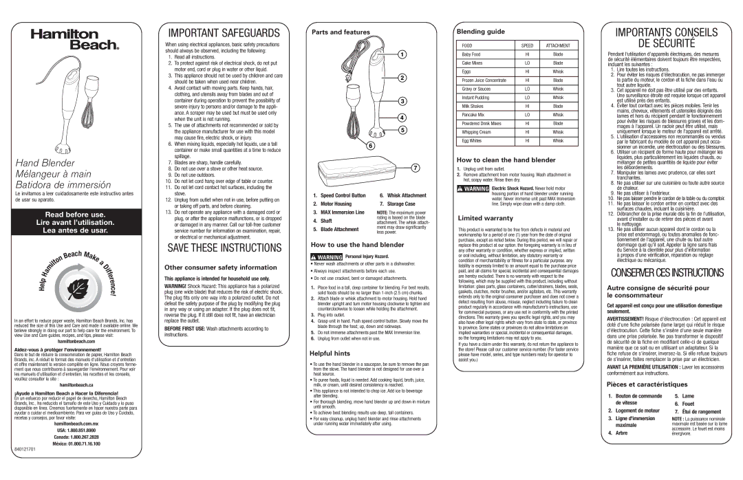 Hamilton Beach 59780R warranty Parts and features, Blending guide, How to clean the hand blender, Limited warranty, Ach 