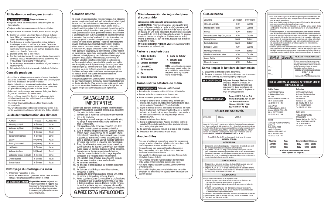 Hamilton Beach 59780R Utilisation du mélangeur à main, Garantie limitée, Más información de seguridad para el consumidor 