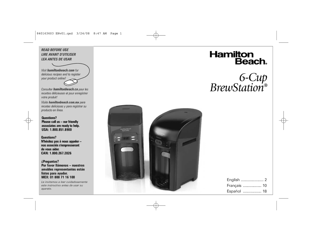 Hamilton Beach 48274, 6-Cup BrewStation manual Questions?, Can ¿Preguntas?, MEX 01 800 71 16 