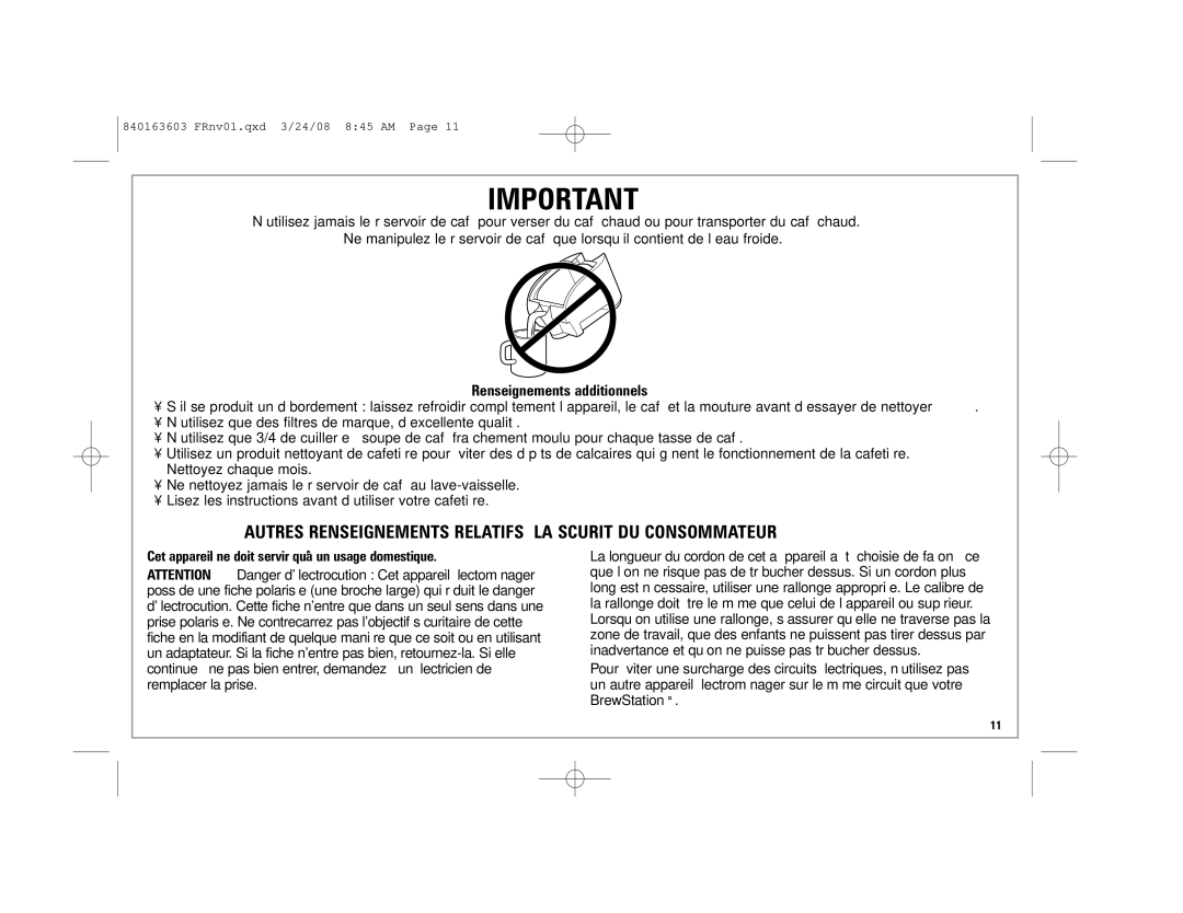 Hamilton Beach 48274, 6-Cup BrewStation manual Autres Renseignements Relatifs À LA Sécurité DU Consommateur 