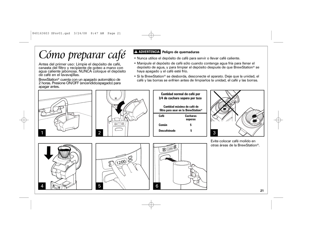 Hamilton Beach 48274, 6-Cup BrewStation manual Cómo preparar café, Advertencia Peligro de quemaduras 