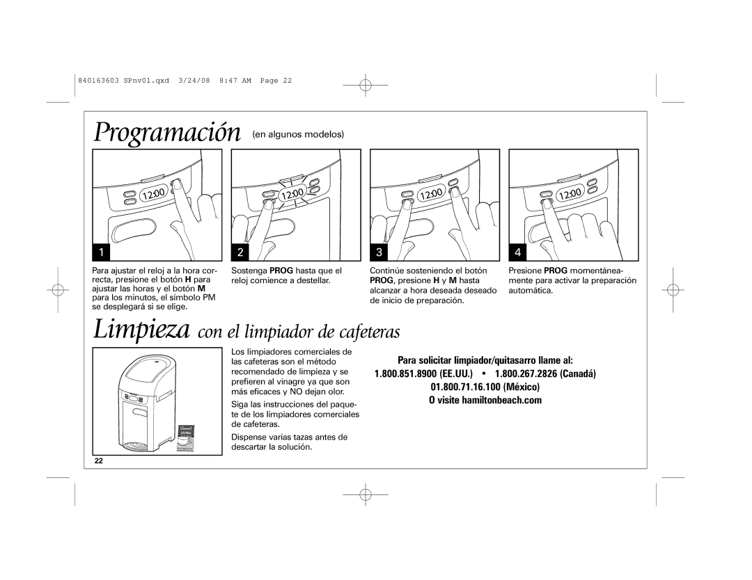 Hamilton Beach 6-Cup BrewStation manual Programación en algunos modelos, 01.800.71.16.100 México O visite hamiltonbeach.com 