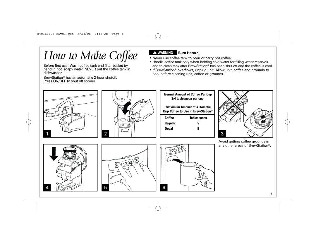 Hamilton Beach 48274, 6-Cup BrewStation manual How to Make Coffee, Burn Hazard 