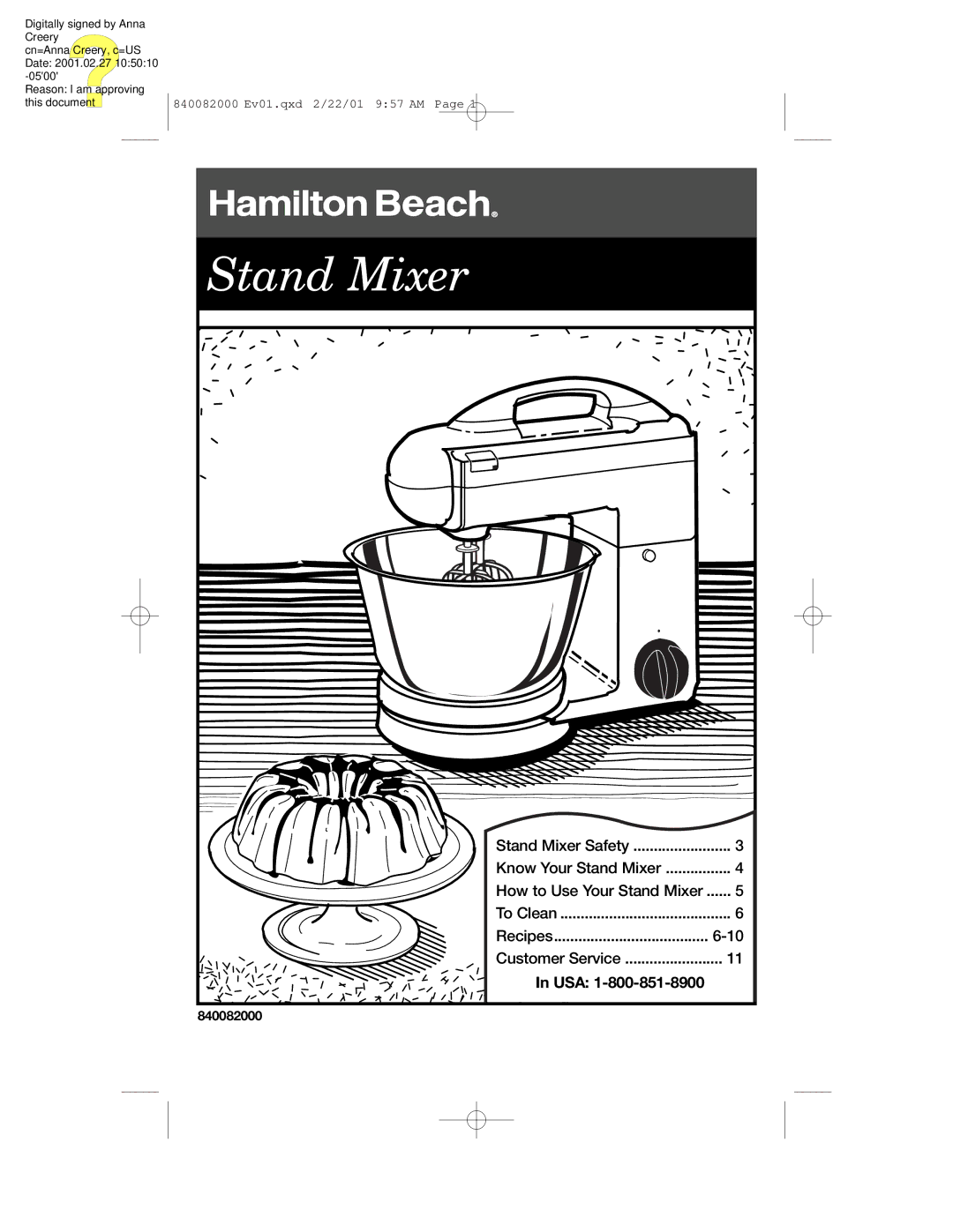 Hamilton Beach 60695 manual Stand Mixer, Usa 