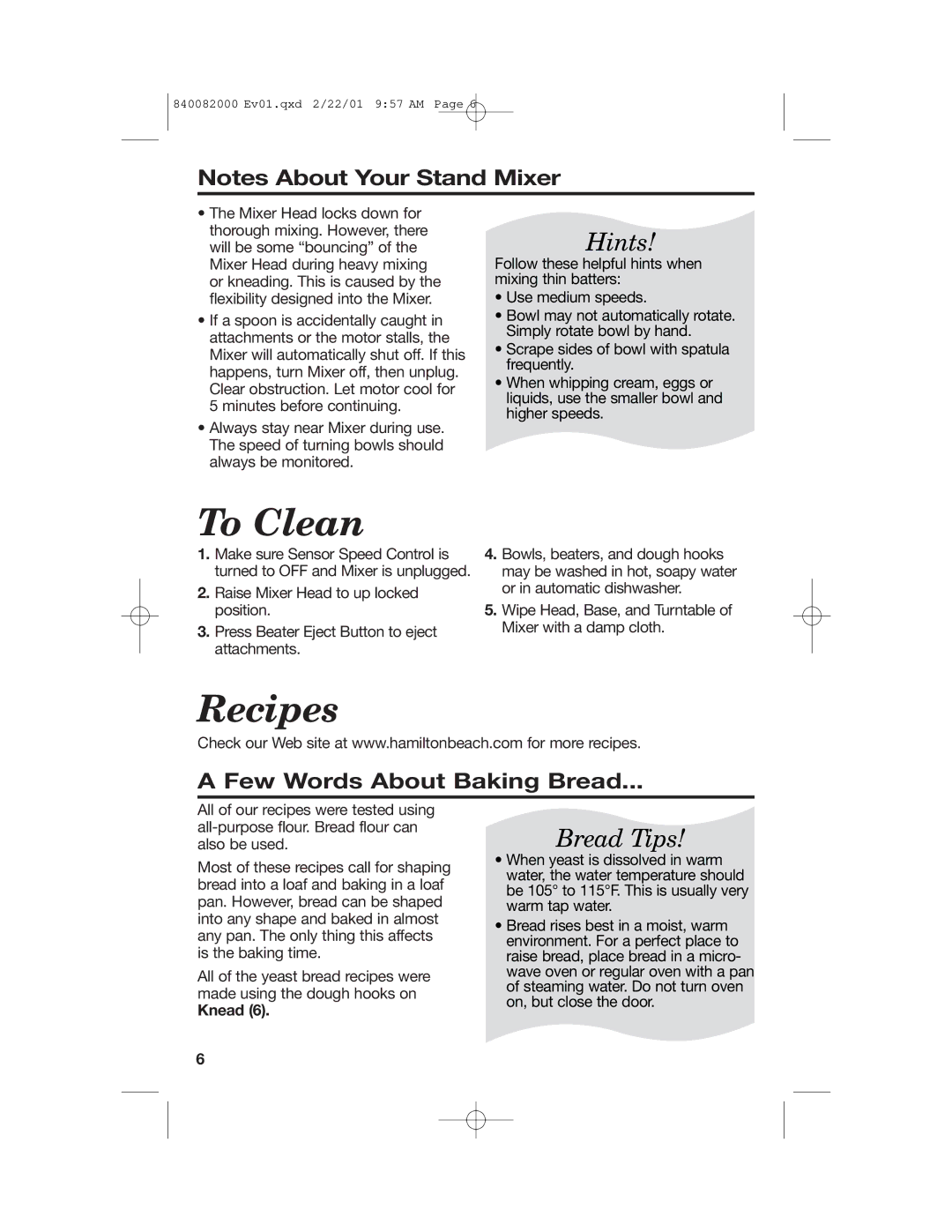 Hamilton Beach 60695 manual To Clean, Recipes, Few Words About Baking Bread, Knead 