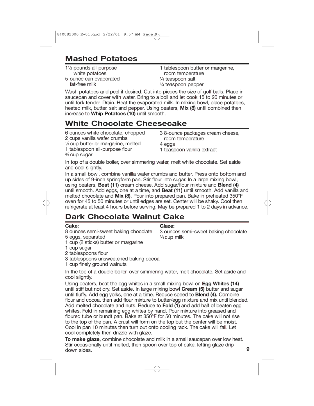 Hamilton Beach 60695 manual Mashed Potatoes, White Chocolate Cheesecake, Dark Chocolate Walnut Cake, Cake Glaze 