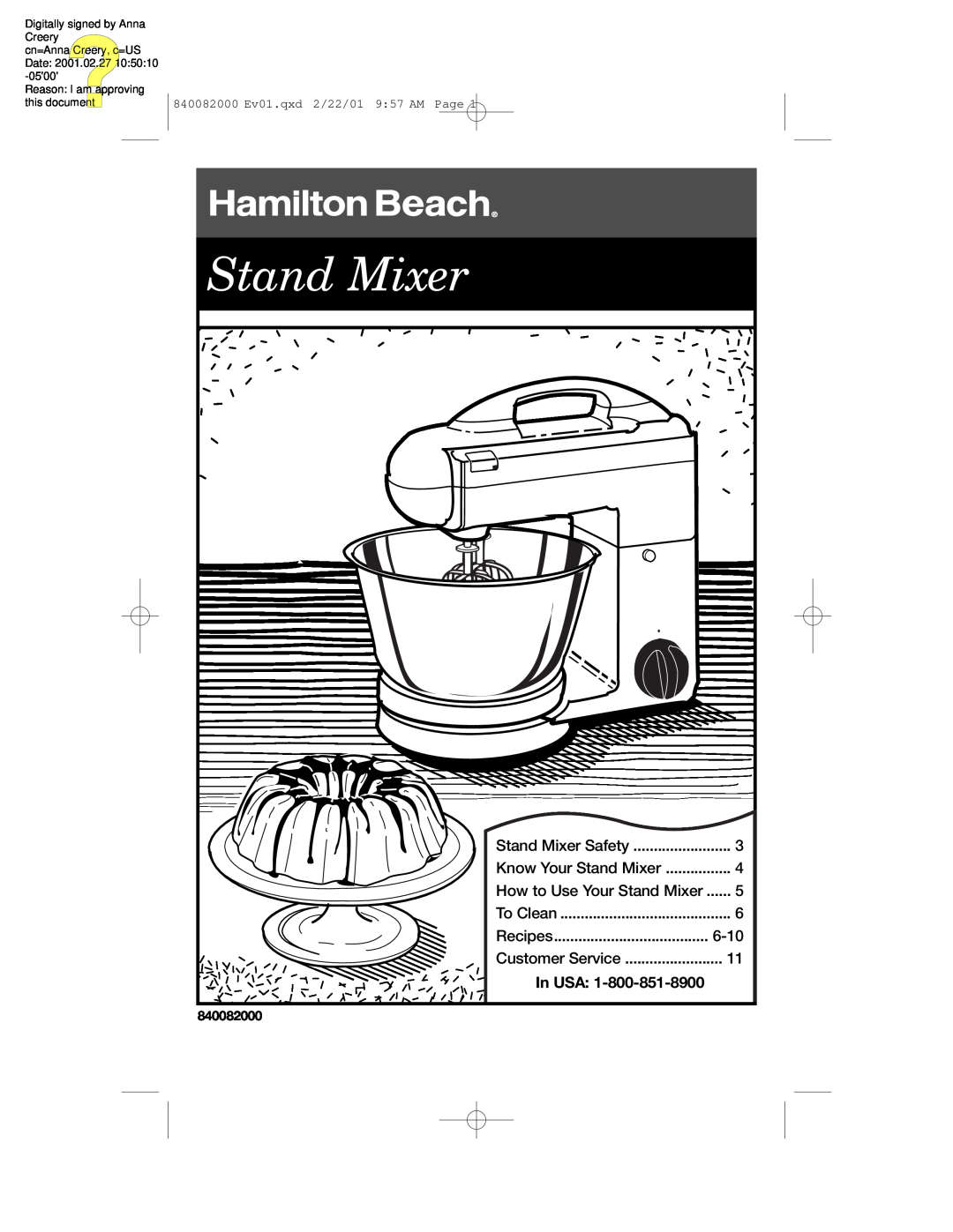Hamilton Beach 60695 manual In USA, Stand Mixer, 840082000 Ev01.qxd 2/22/01 9 57 AM Page, Digitally signed by Anna Creery 
