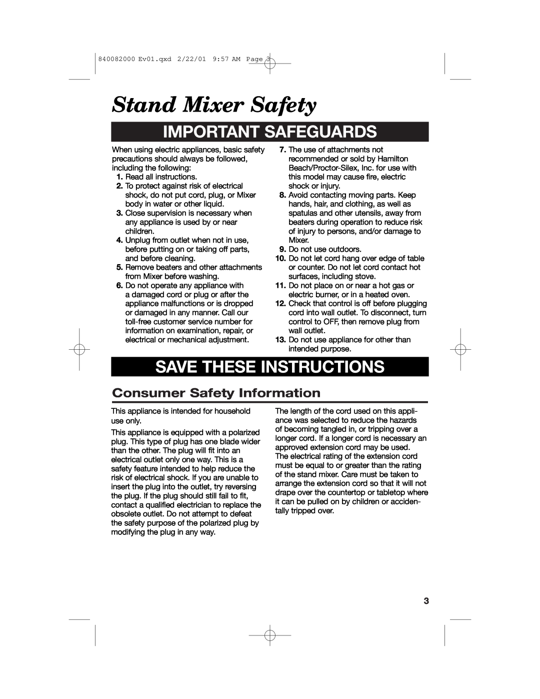 Hamilton Beach 60695 manual Stand Mixer Safety, Consumer Safety Information, Important Safeguards, Save These Instructions 