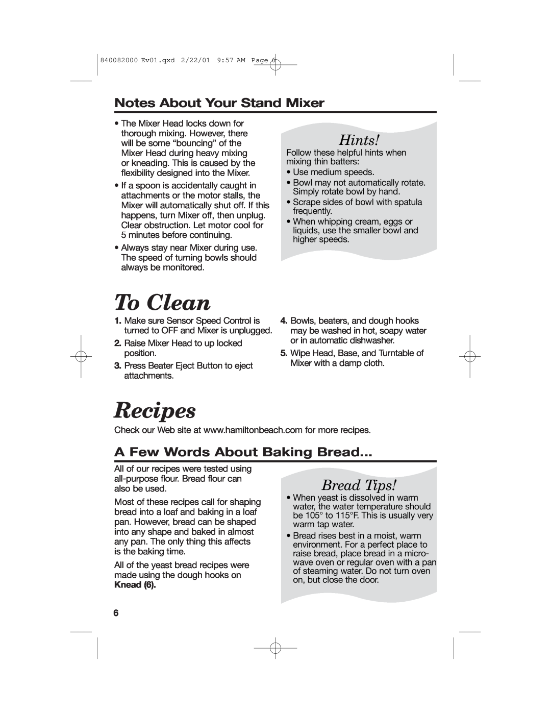 Hamilton Beach 60695 manual To Clean, Recipes, Notes About Your Stand Mixer, A Few Words About Baking Bread, Knead, Hints 