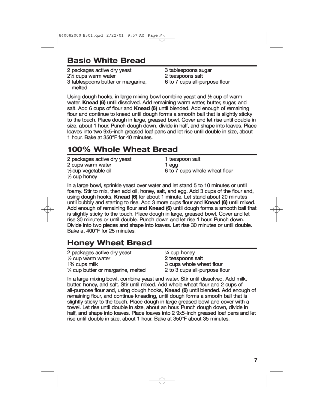 Hamilton Beach 60695 manual Basic White Bread, 100% Whole Wheat Bread, Honey Wheat Bread 