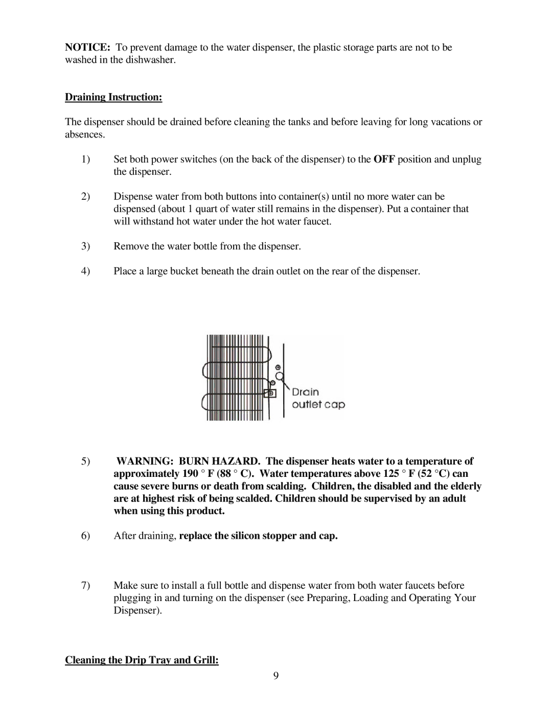 Hamilton Beach 6200 manual Draining Instruction, After draining, replace the silicon stopper and cap 