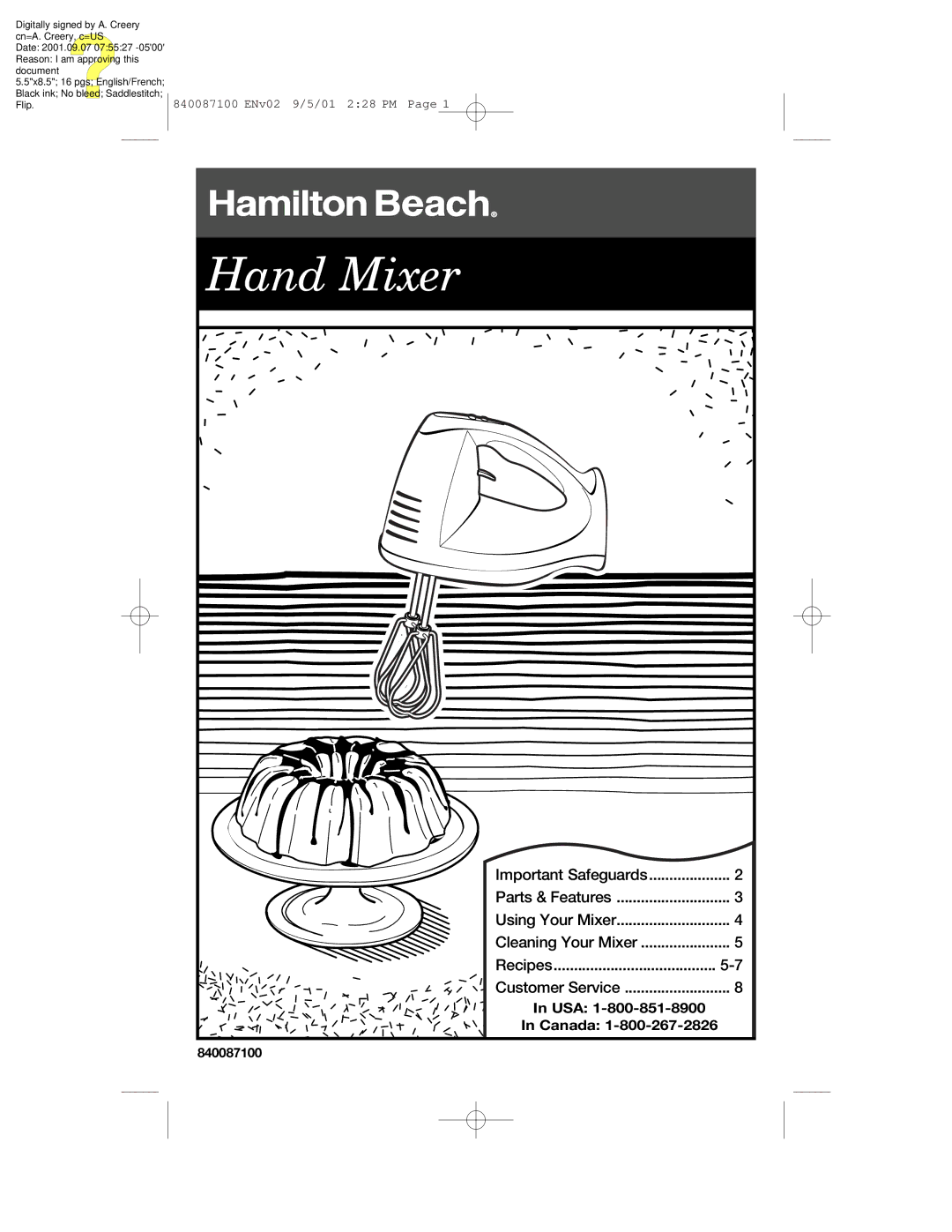 Hamilton Beach 62000 manual Hand Mixer 