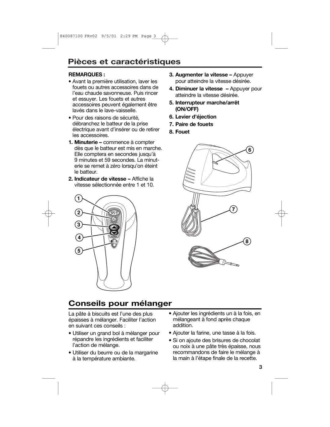 Hamilton Beach 62000 manual Pièces et caractéristiques, Conseils pour mélanger, Remarques 