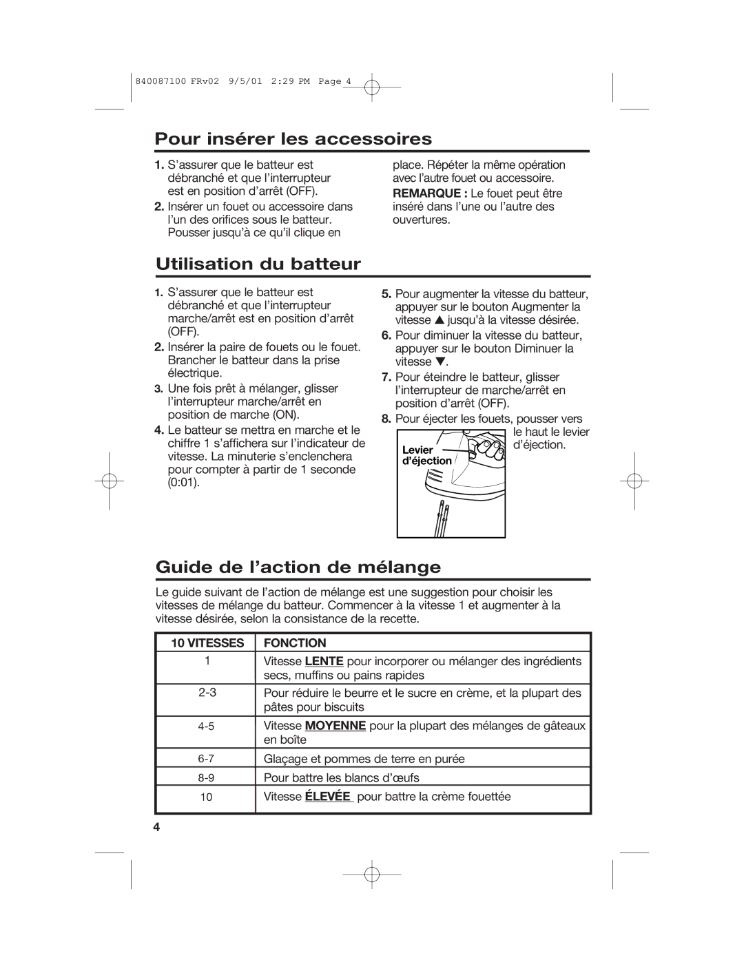 Hamilton Beach 62000 Pour insérer les accessoires, Utilisation du batteur, Guide de l’action de mélange, Vitesses Fonction 