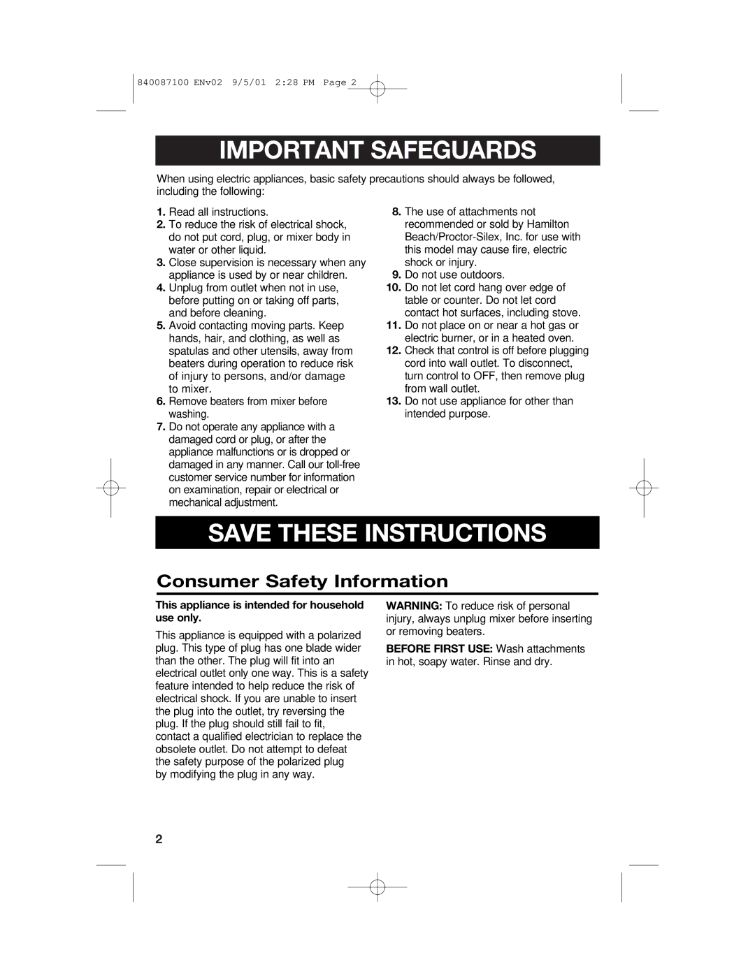 Hamilton Beach 62000 manual Important Safeguards, Consumer Safety Information 