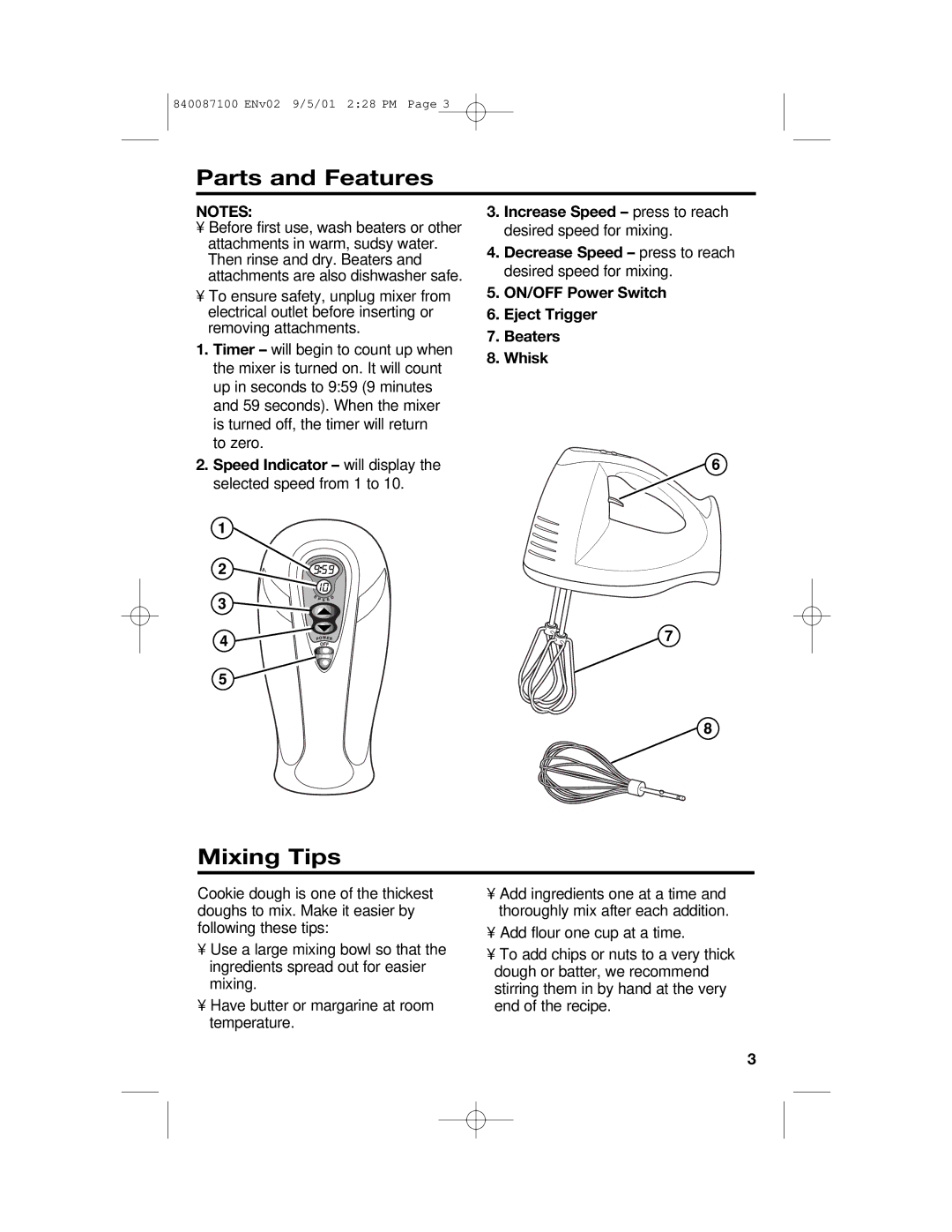 Hamilton Beach 62000 manual Parts and Features, Mixing Tips 