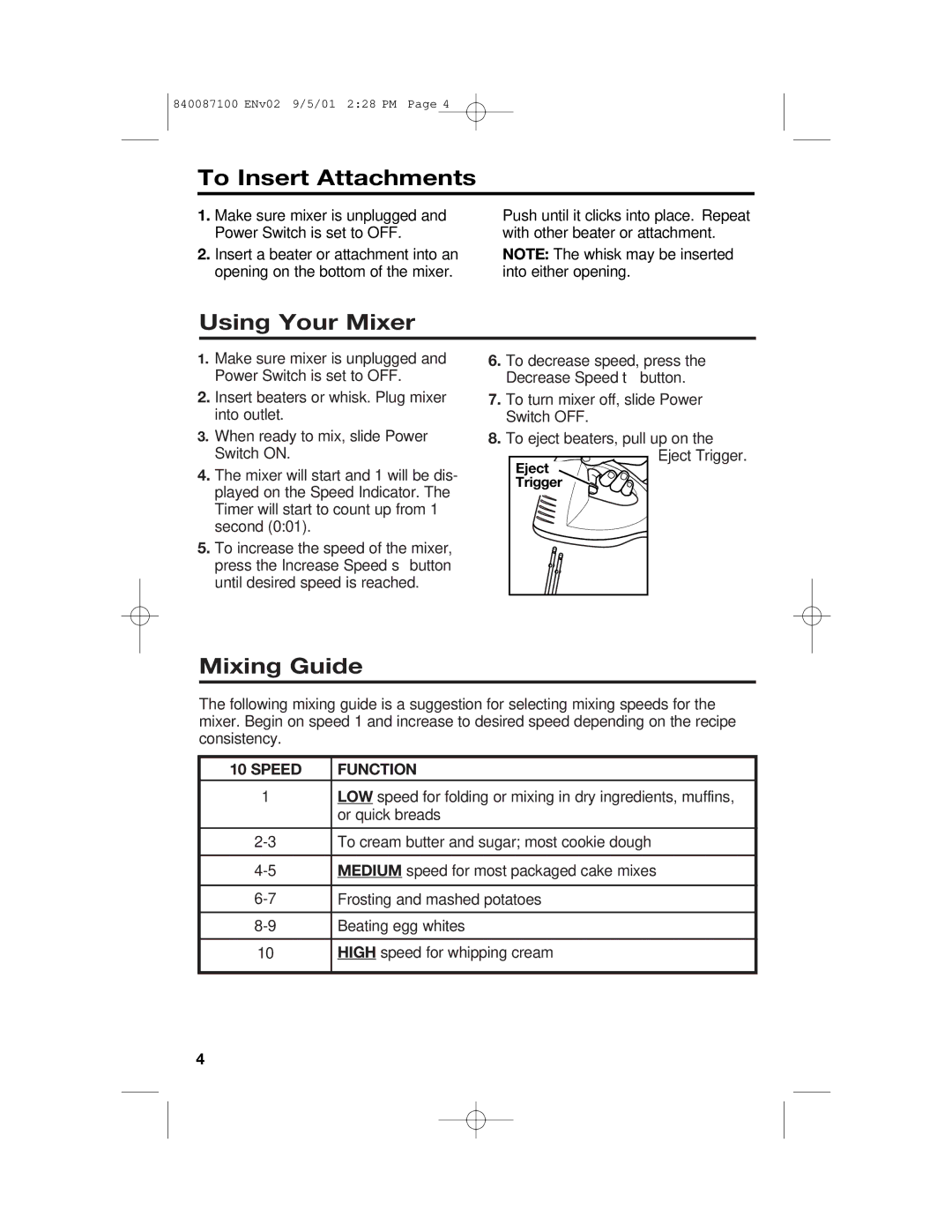 Hamilton Beach 62000 manual To Insert Attachments, Using Your Mixer, Mixing Guide, Speed Function 