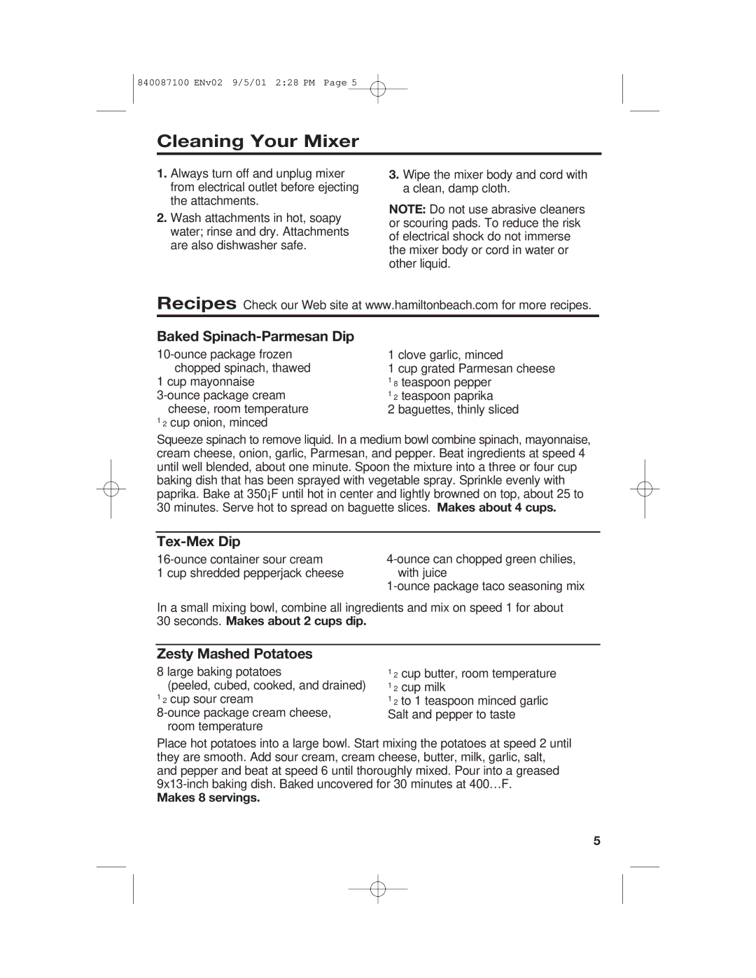 Hamilton Beach 62000 manual Cleaning Your Mixer, Baked Spinach-Parmesan Dip, Tex-Mex Dip, Zesty Mashed Potatoes 