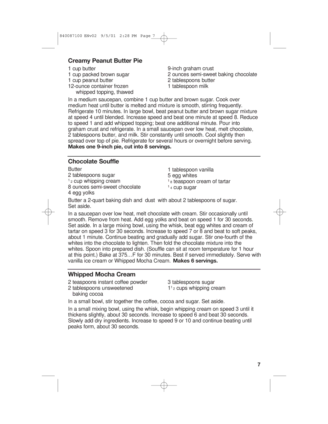 Hamilton Beach 62000 manual Creamy Peanut Butter Pie, Chocolate Souffle, Whipped Mocha Cream 