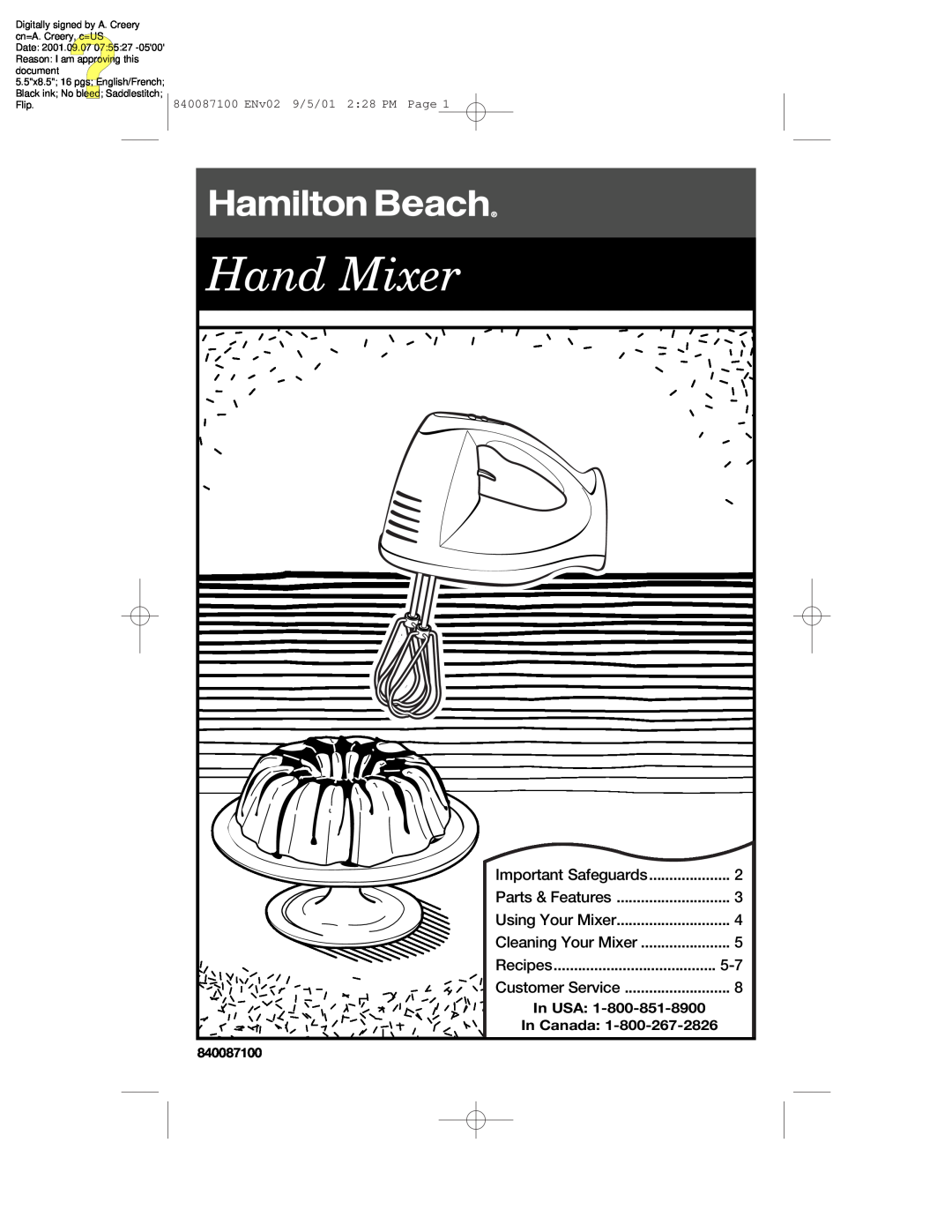 Hamilton Beach 62000 manual Hand Mixer, In USA, In Canada 