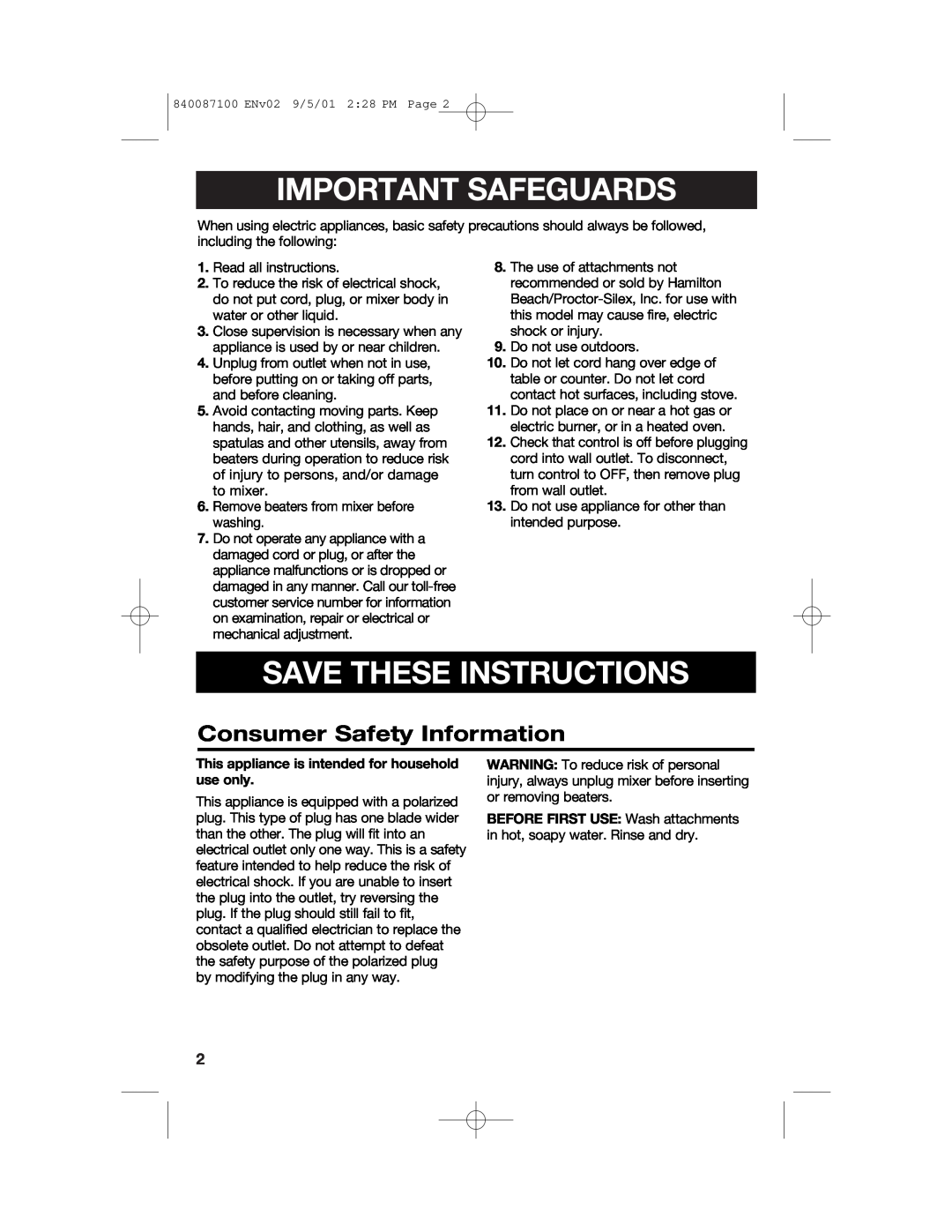 Hamilton Beach 62000 manual Consumer Safety Information, Important Safeguards, Save These Instructions 