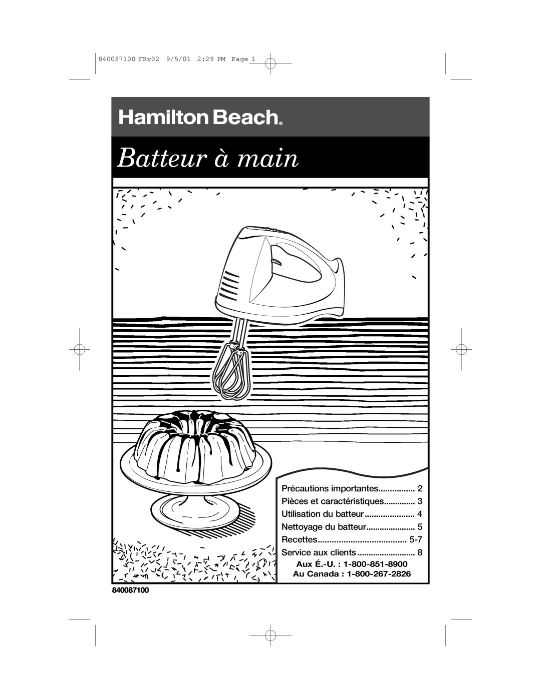 Hamilton Beach 62000 Batteur à main, Précautions importantes, Pièces et caractéristiques, Utilisation du batteur, Recettes 
