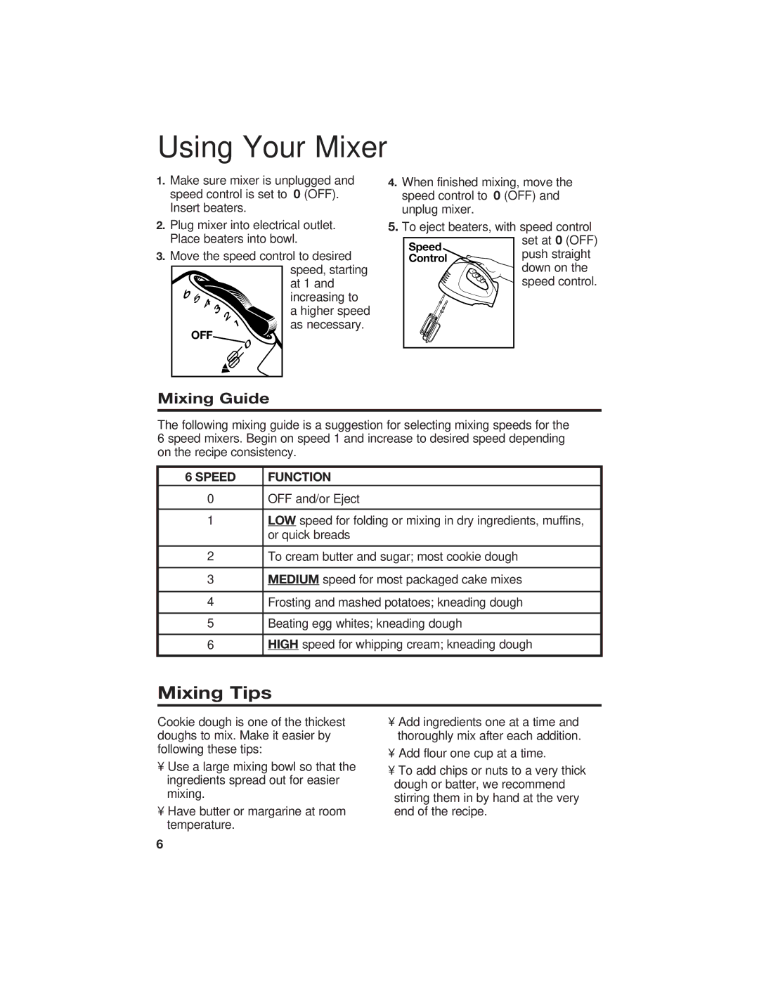 Hamilton Beach 62515 manual Using Your Mixer, Mixing Tips, Mixing Guide, Speed Function 