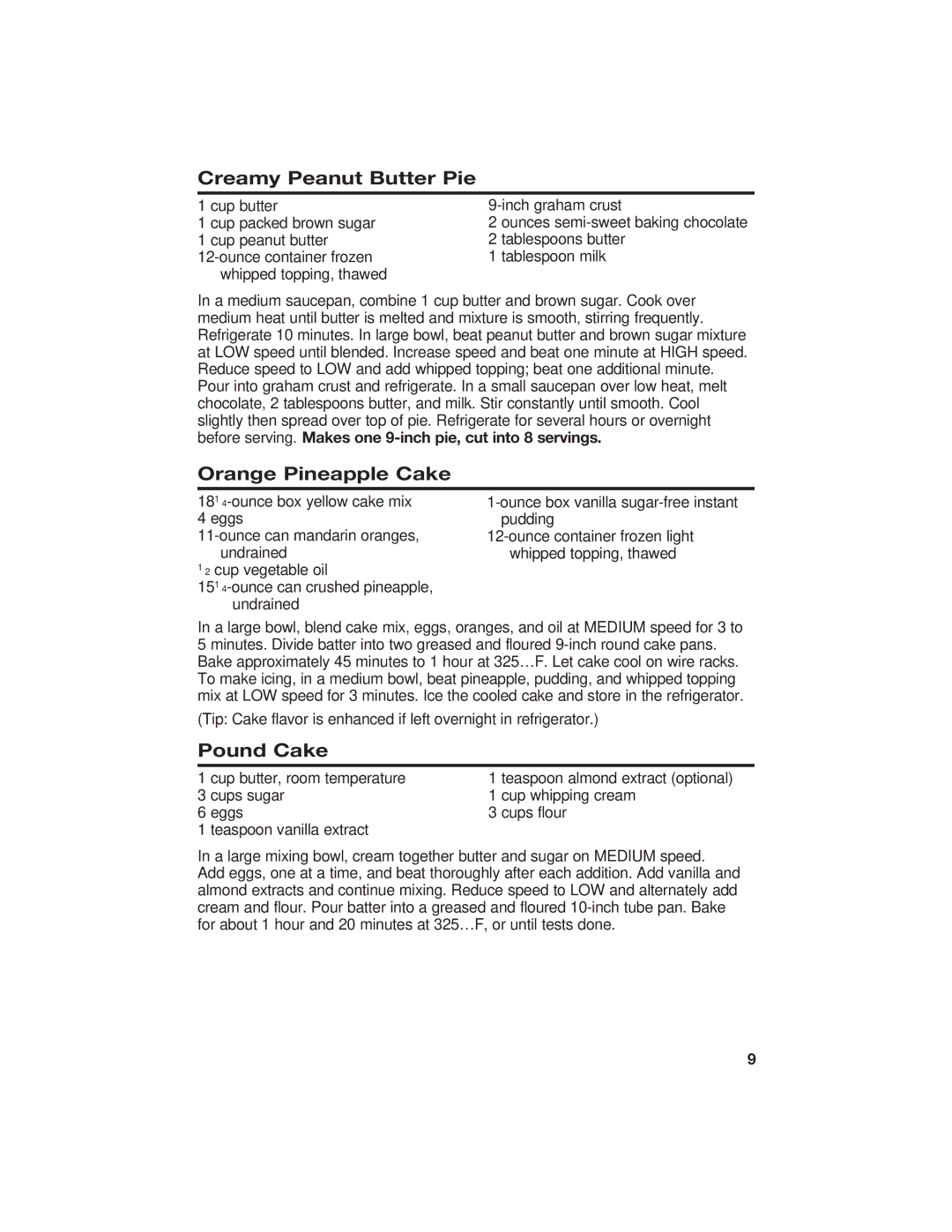 Hamilton Beach 62515 manual Creamy Peanut Butter Pie, Orange Pineapple Cake, Pound Cake 