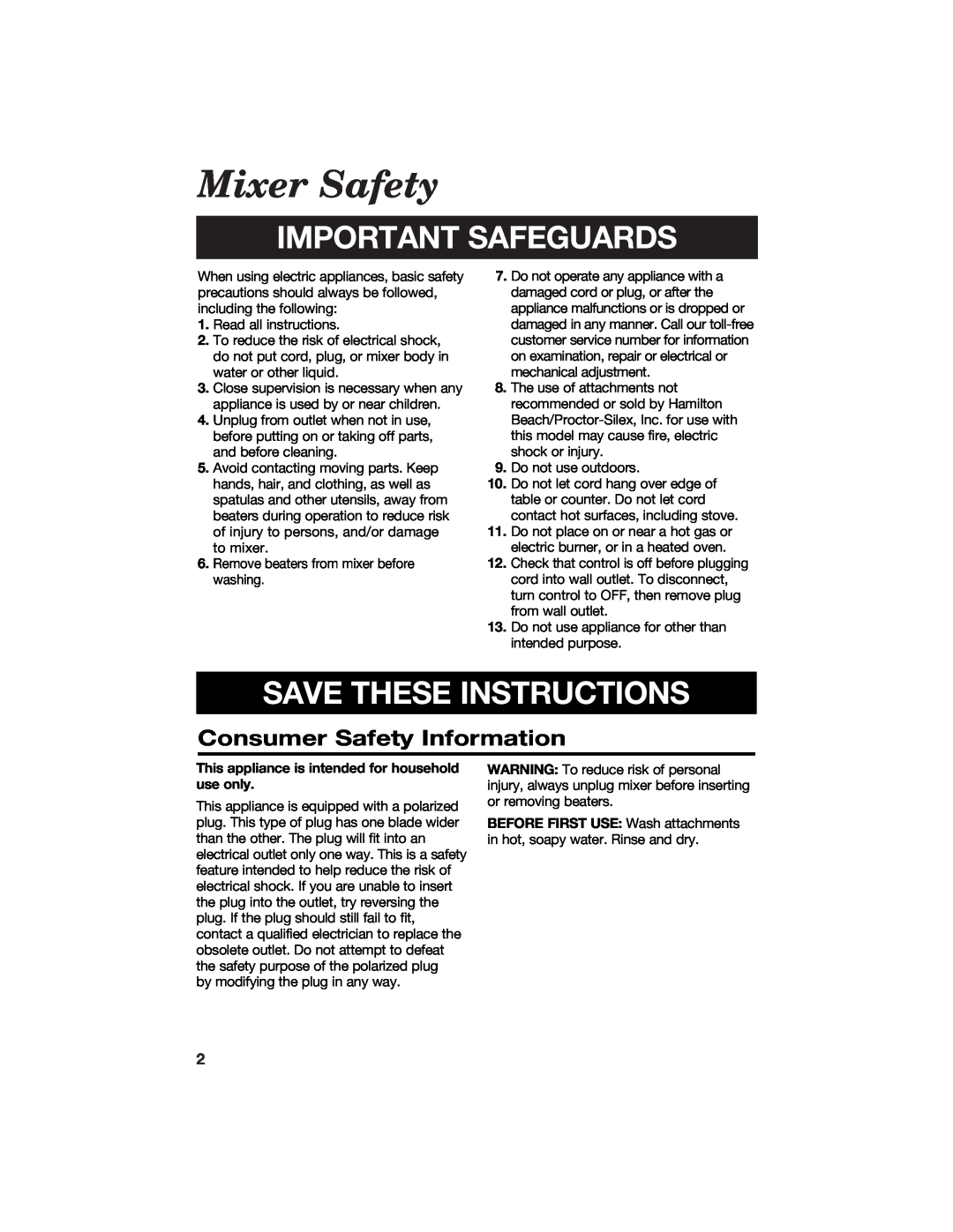 Hamilton Beach 62515 manual Mixer Safety, Consumer Safety Information, Important Safeguards, Save These Instructions 