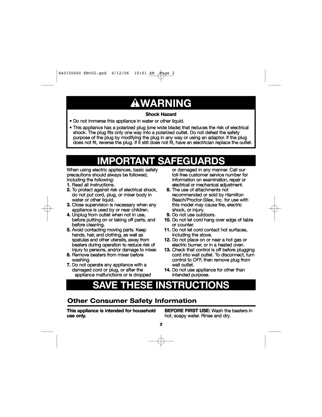 Hamilton Beach 62588, 62515R wWARNING, Important Safeguards, Save These Instructions, Other Consumer Safety Information 