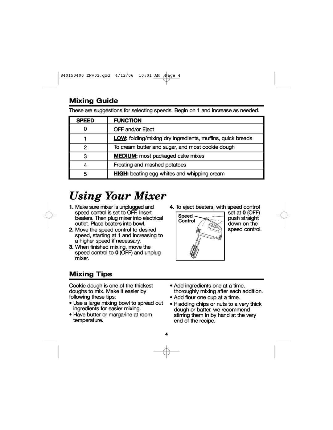 Hamilton Beach 62588, 62515R manual Using Your Mixer, Mixing Guide, Mixing Tips 