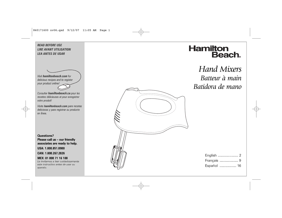 Hamilton Beach 62650C manual Hand Mixers 